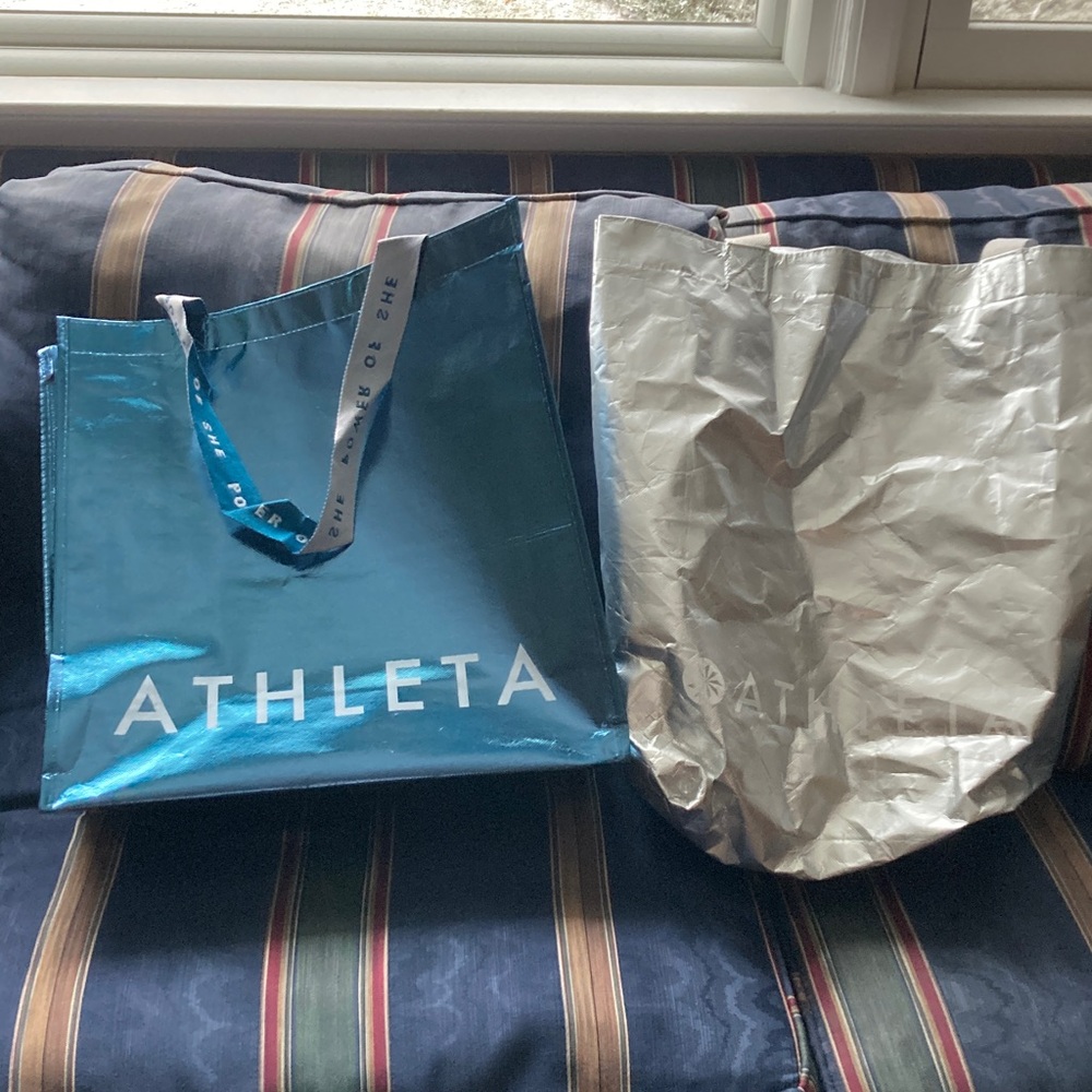 Athleta Shiny Blue and Metallic Silver Totes